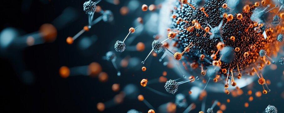 A close-up of abstract molecular structures highlighting intricate details of particles and atoms in a digital environment.