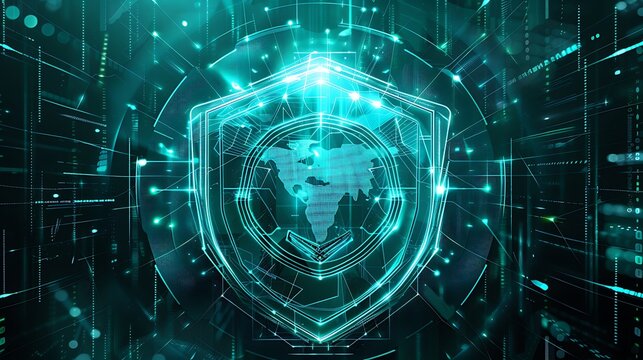 Digital illustration glowing shield with world map inside for symbolizing global cybersecurity data protection and digital safety technology concept. - Powered by Adobe