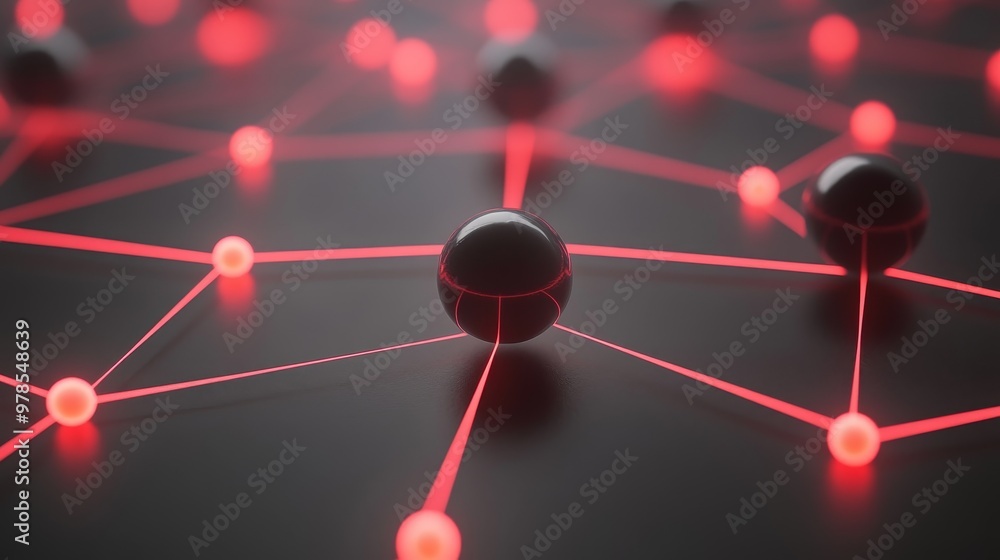 Poster a close-up view of a network of interconnected spheres with glowing red lines, representing modern t