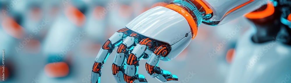 Poster a close-up view of a futuristic robotic hand showcasing intricate design and technology in a modern 