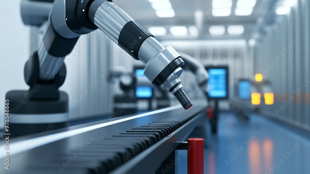 Poster a close-up view of an industrial robot arm working on an automated production line in a modern manuf