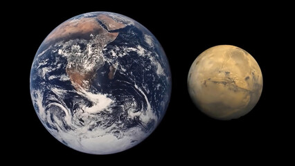 Image comparing the sizes of Mars and Earth.