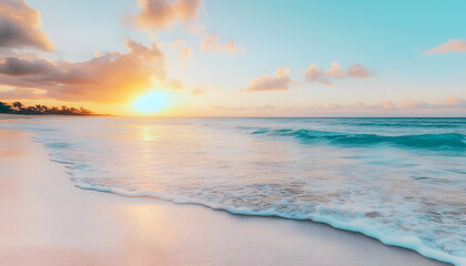 Fototapeta premium Crystal-clear turquoise waters with gentle waves lapping at a pristine beach under a golden sunset