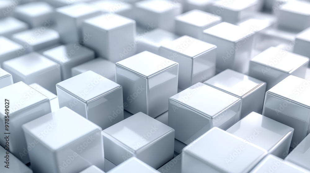 Poster a dynamic arrangement of glossy white cubes creating a modern, abstract background, perfect for tech