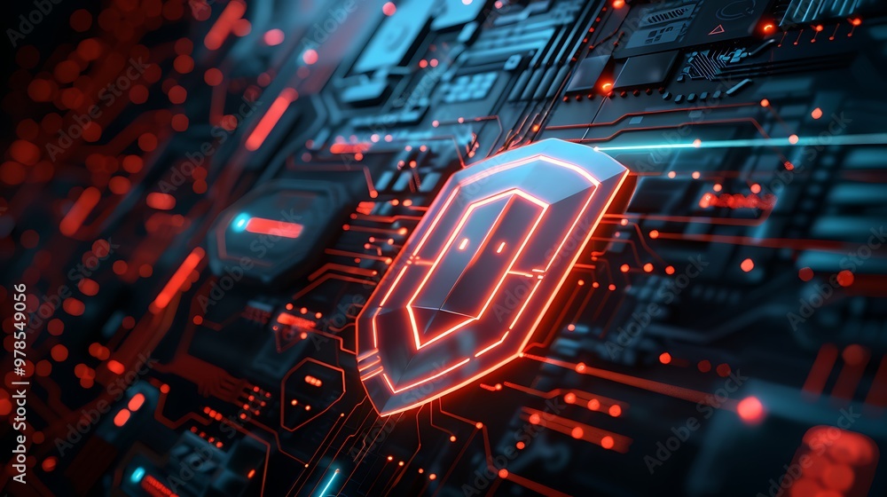 Poster glowing red shield on a futuristic circuit board, representing cyber security and data protection in