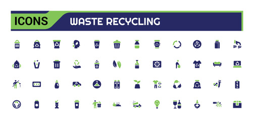 Set of recycling waste colorful solid icons. Garbage disposal. Trash separation, color filled icon set, Glyph icon set for web and ui. Editable stroke.