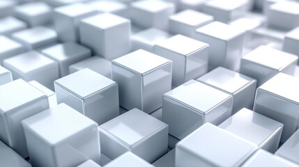 A dynamic arrangement of glossy white cubes creating a modern, abstract background, perfect for technology or design themes.