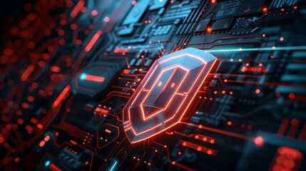 Glowing red shield on futuristic circuit board with symbolizing cyber defense for digital data protection technology security system and virtual network safety concept.