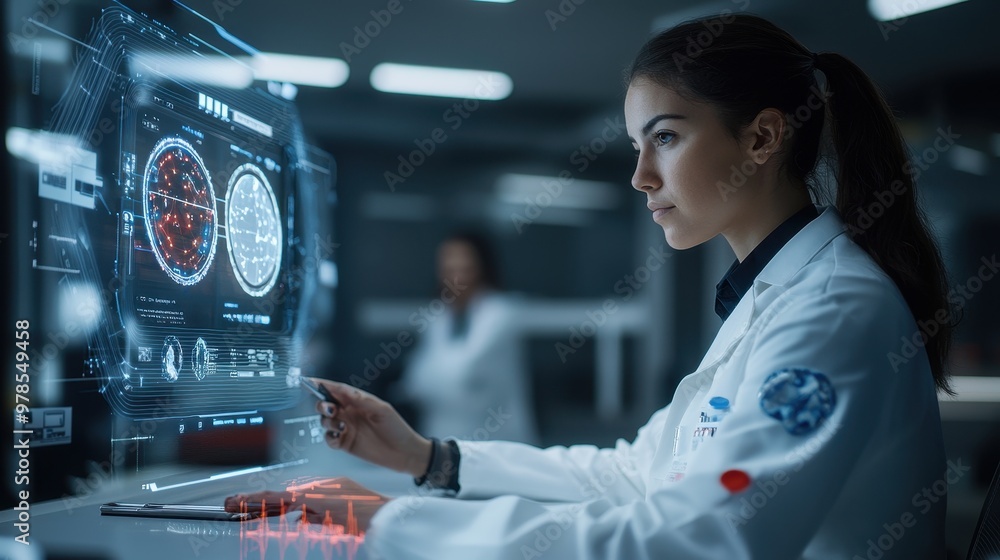 Poster a focused scientist analyzes data on a futuristic holographic interface in a modern laboratory setti