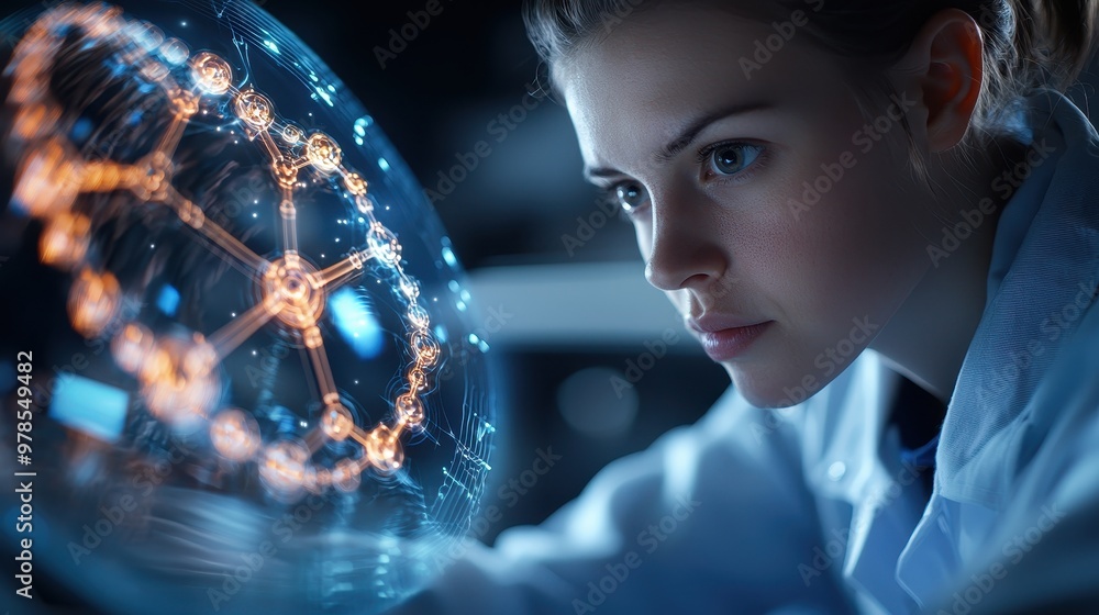 Poster a focused scientist analyzing a glowing molecular structure in a laboratory setting, showcasing inno