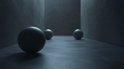A minimalist scene featuring dark spheres in a somber space, creating an abstract and contemplative atmosphere.