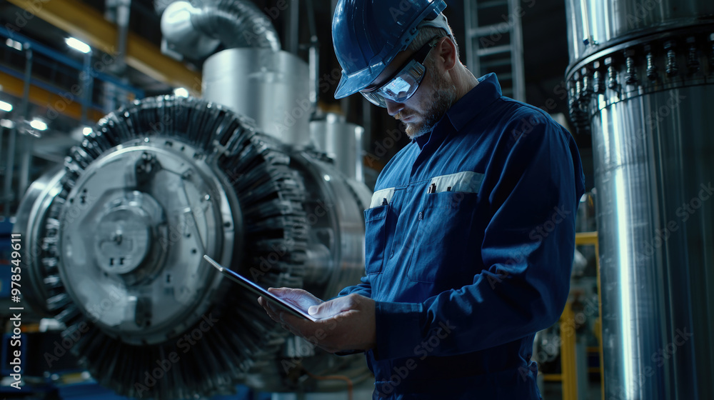 Poster a technician is inspecting factory machinery while using tablet, showcasing focus on precision and t