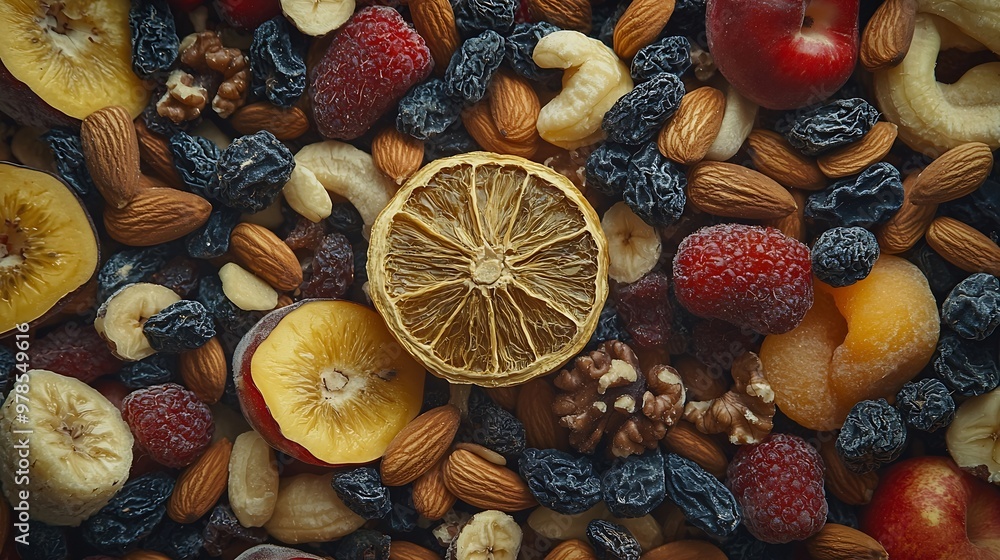 Aufkleber dried fruits and nuts background texture : generative ai