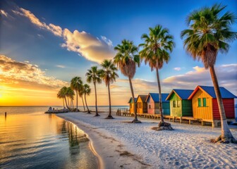 "Sandy shores, palm trees, and vibrant beach huts along the East Tampa coast, capturing the essence of a serene and tropical morning."