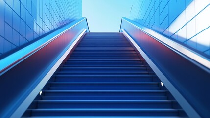 Obraz premium A modern escalator viewed from the bottom, ascending into a bright, blue-lit space, symbolizing progress and upward movement.