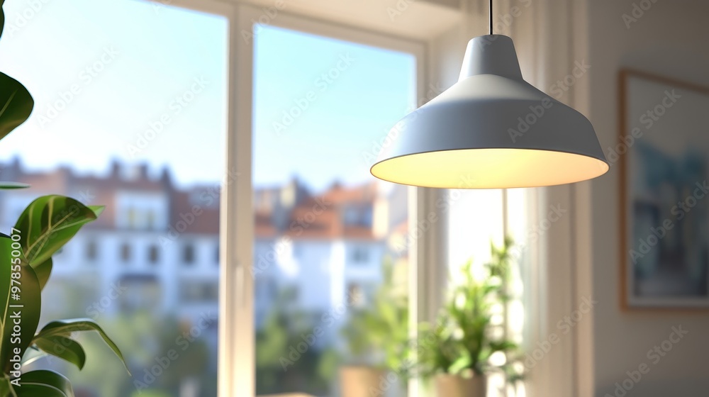 Poster a modern pendant light illuminates a stylish room with large windows and a view of greenery, adding 