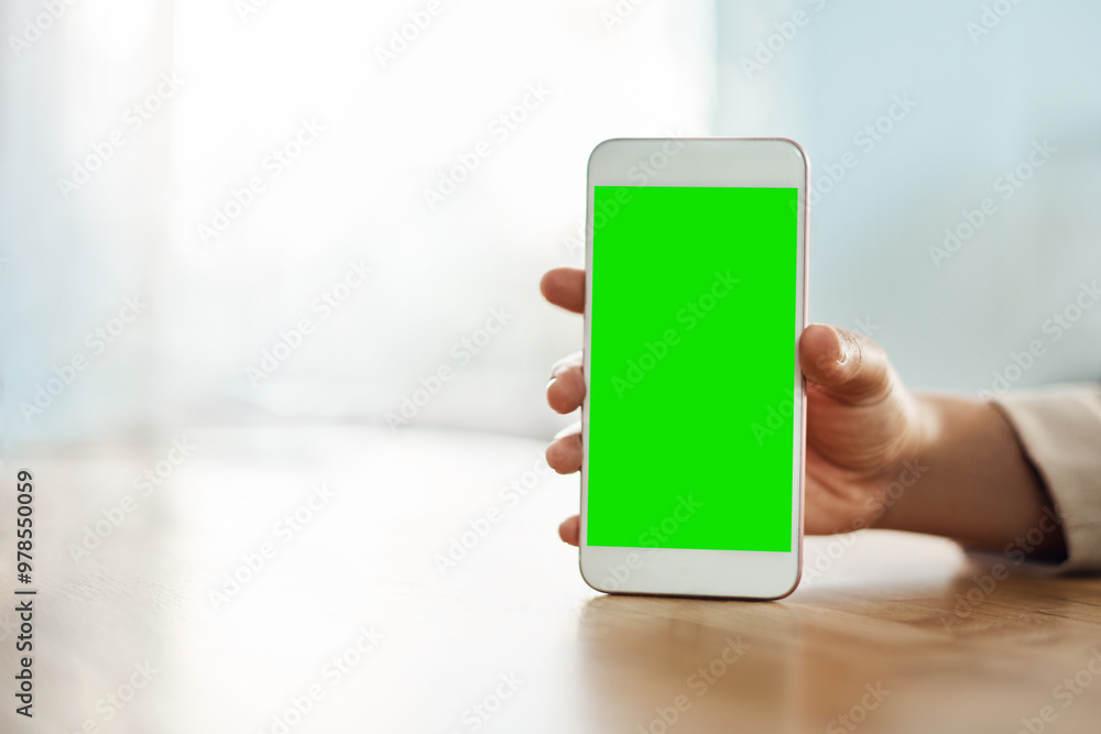 Poster hand, smartphone and green screen in office with display for mockup space, ui and web at company. pe