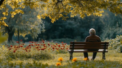 Elderly man sitting alone on a park bench, surrounded by nature and vibrant flowers, under a large tree.