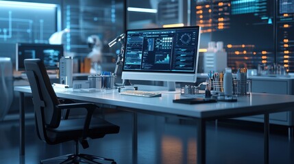 A futuristic office workspace featuring a sleek computer setup with data analytics on display, surrounded by advanced technological elements.
