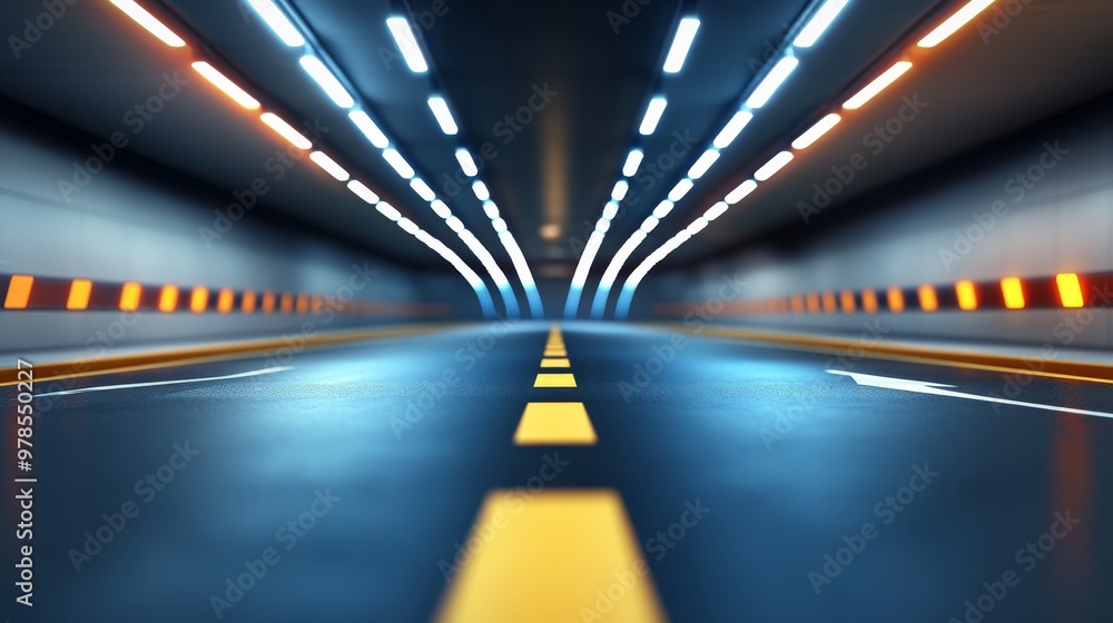 Poster a modern tunnel showcasing smooth surfaces and vibrant lighting, creating an intriguing atmosphere f