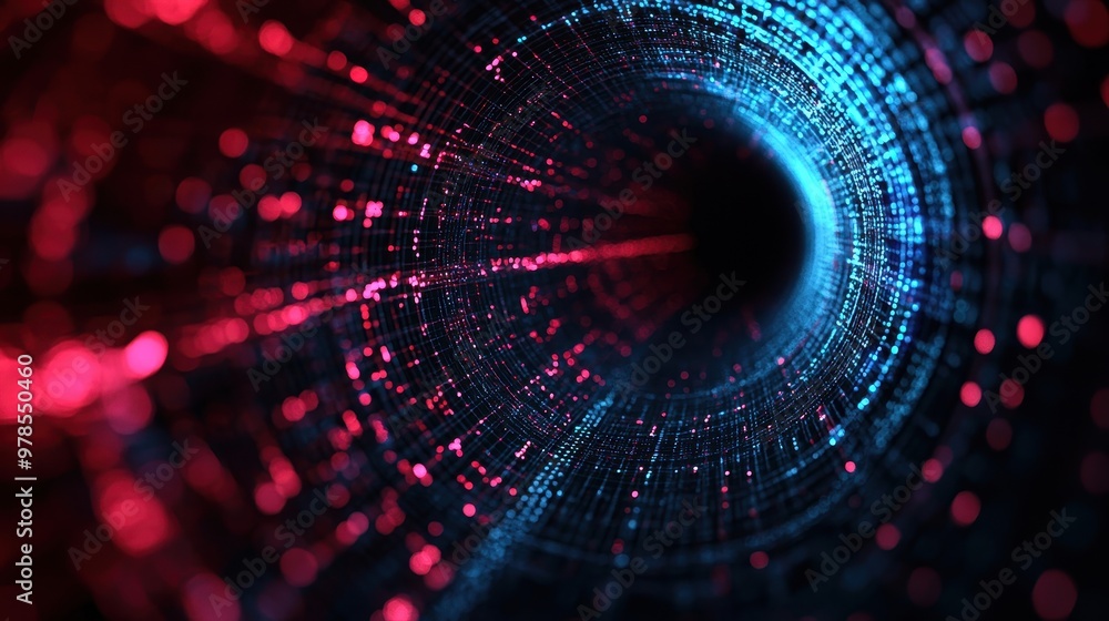 Poster a mesmerizing abstract tunnel of light and digital particles in blue and red, showcasing depth and t