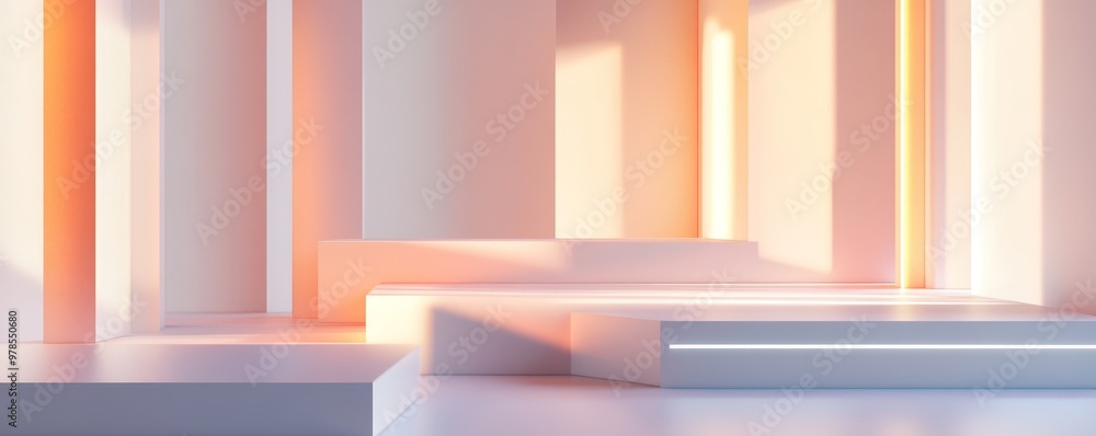 Poster a serene interior space with soft lighting and minimalistic design, showcasing modern architecture a