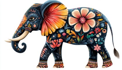 Vibrantly Decorated Elephant in Detailed Folk Art Style Design