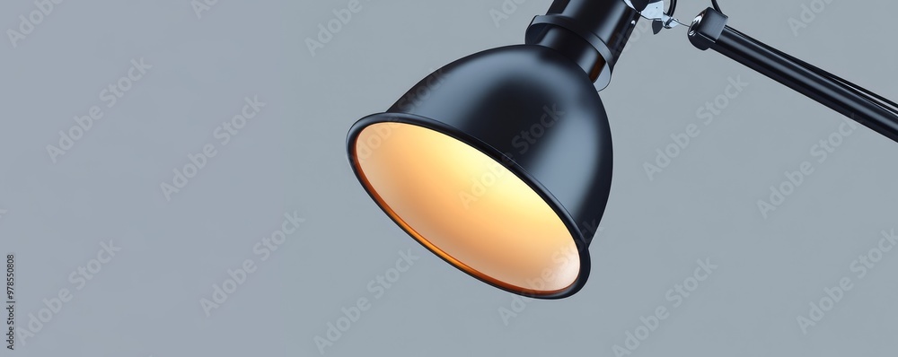 Poster a sleek black desk lamp illuminating a workspace, highlighting modern design and functionality in a 