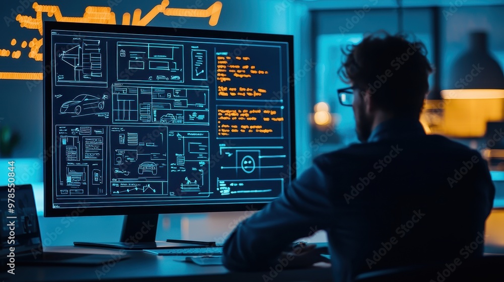 Poster a person examines complex blueprints on a modern computer monitor, showcasing technology and design 