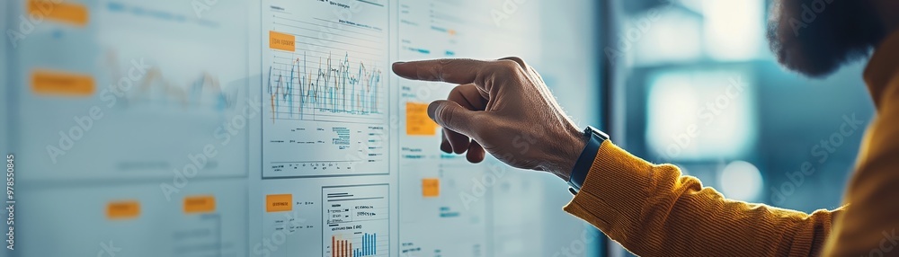 Poster a person analyzes data on a wall display, highlighting important statistics with a focus on business