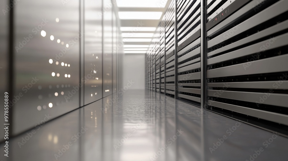 Aufkleber a sleek corridor in a modern data center showcasing rows of server racks and metallic panels reflect