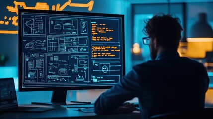 A person examines complex blueprints on a modern computer monitor, showcasing technology and design in a vibrant workspace.