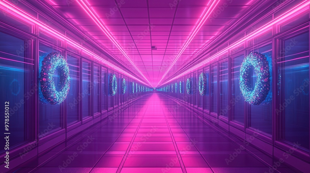 Poster a futuristic corridor illuminated with vibrant pink neon lights and circular blue patterns, creating