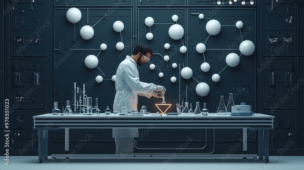 Poster a scientist conducts experiments in a modern laboratory filled with glassware and molecular models.