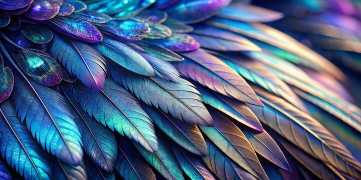 Iridescent blues and purples shimmer on delicate feathered edges, slender wisps of quill extending from intricate patterns of darkened inner wingscale.