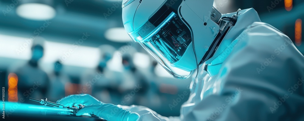 Poster a scientist in a protective suit examines a sample in a modern laboratory. the high-tech environment