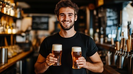 Happy bartender holding two glasses of beer, standing behind a bar counter, ready to serve customers.