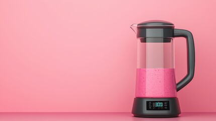 A sleek blender with a pink smoothie inside, placed on a stylish pink background, perfect for modern kitchen aesthetics.