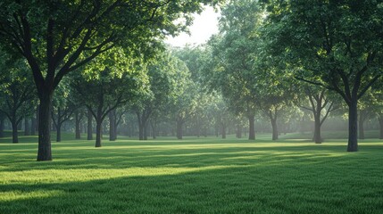 Obraz premium A serene landscape featuring lush trees and green grass in a tranquil setting.