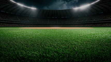 A stunning view of a baseball field at night, showcasing vibrant grass and stadium lights illuminating the empty diamond.
