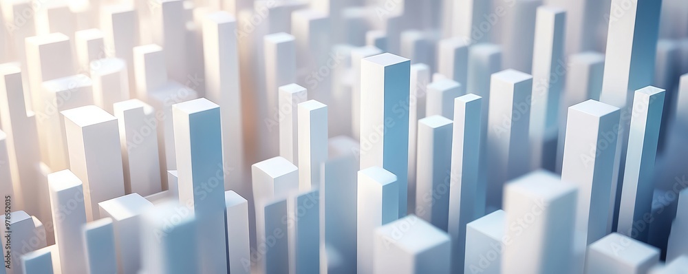 Poster abstract cityscape with towering structures, showcasing a blend of modern architecture and geometric