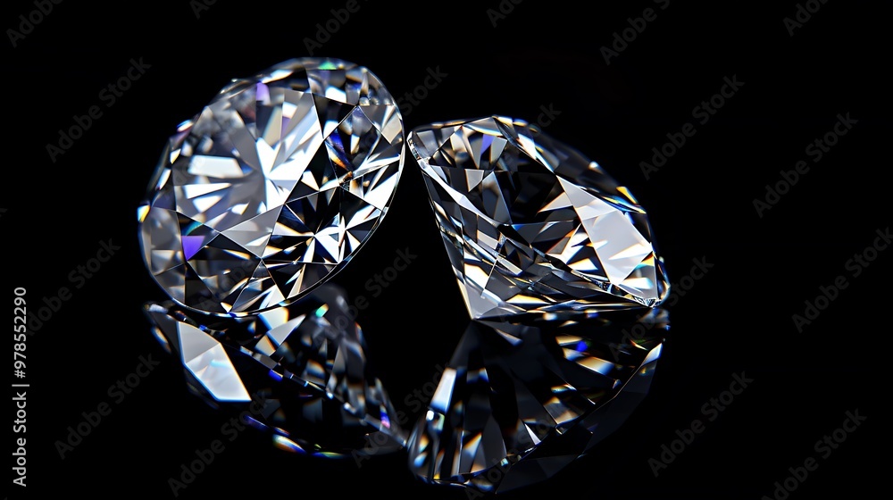 Poster two sparkling diamonds sit on a black background, showcasing their brilliance and intricate faceting
