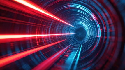 A vibrant digital tunnel illuminated by red and blue light beams, symbolizing speed and technological advancement.