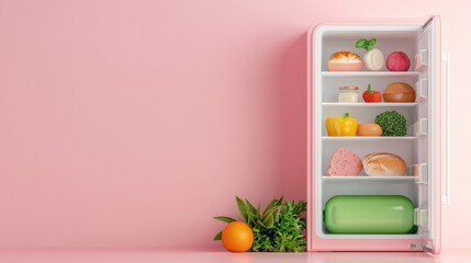 A vibrant pink fridge filled with fresh food items, showcasing a delightful assortment of fruits, vegetables, and snacks.