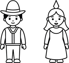 Kids in Pilgrim and Native American Outfits Vector Drawing for Coloring Fun
