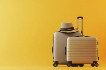 Obraz premium A travel scene featuring two suitcases and a straw hat against a bright yellow background.