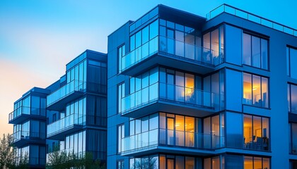 Obraz premium Modern Apartment Building with Illuminated Windows at Dusk