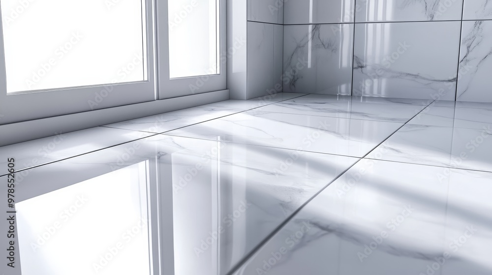 Poster bright and shiny marble floor tiles reflecting natural light through a window, creating a serene and