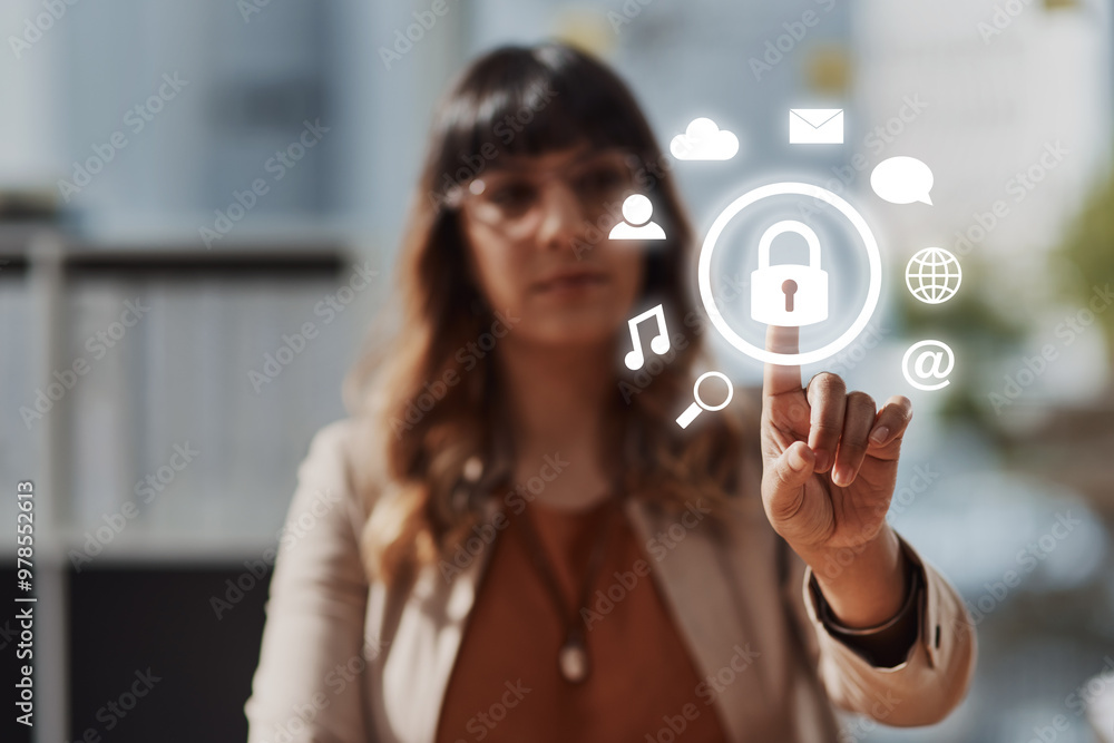 Poster hand, interface and hologram lock icon with app for email, chat and cloud computing for woman in mod