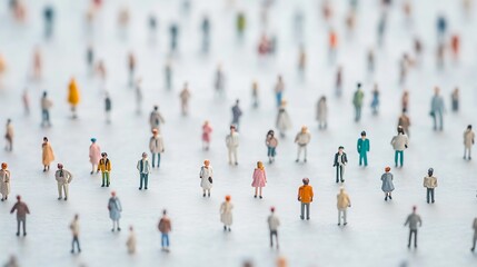 Close-up of tiny figurines symbolizing a diverse crowd, illustrating concepts of population, community, and social diversity.